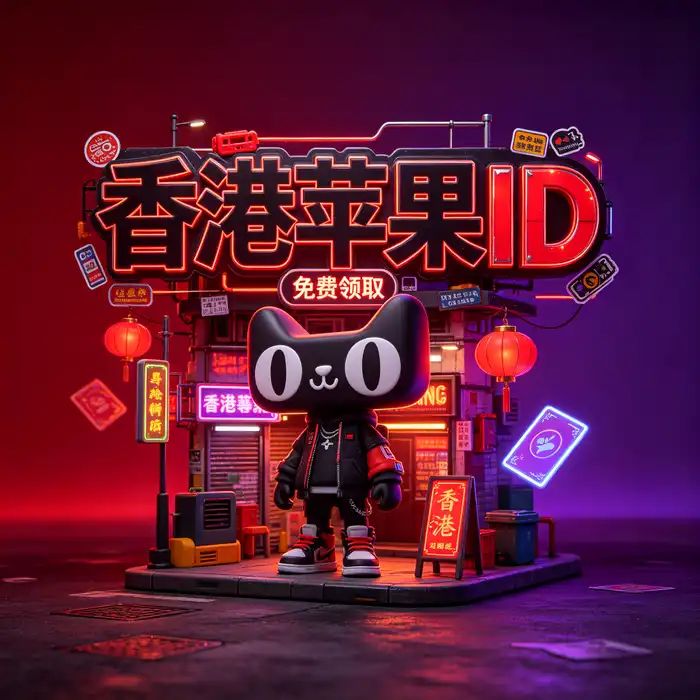 Apple ID美区与香港区账号地区选择指南主题插画，展示手机、地区卡片与安全防护概念